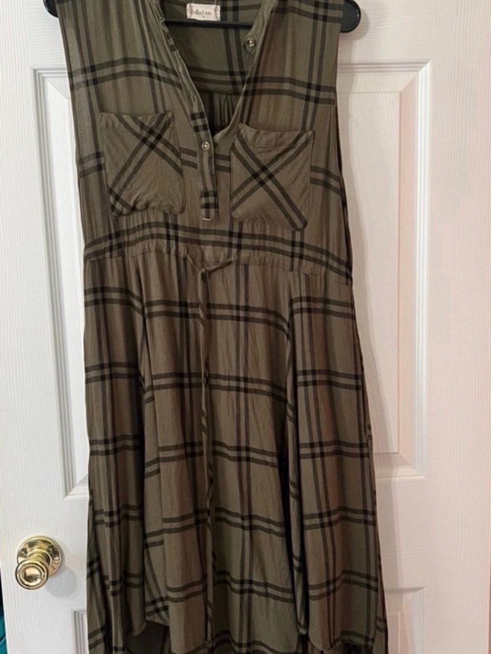 Altar'd State Olive Plaid Sleeveless High-Low Henley Dress